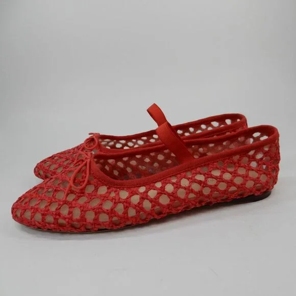 Loeffler Randall Leonie Mary Jane Ballet Flats Size 8 Red Raffia Mesh Bow NEW - Picture 14 of 16